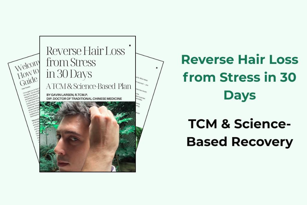 Reverse Hair Loss from Stress in 30 Days guide cover displayed with sample pages, alongside text reading 'TCM & Science-Based Recovery,' in-clinic value $500+ contrasted with today's price $27.