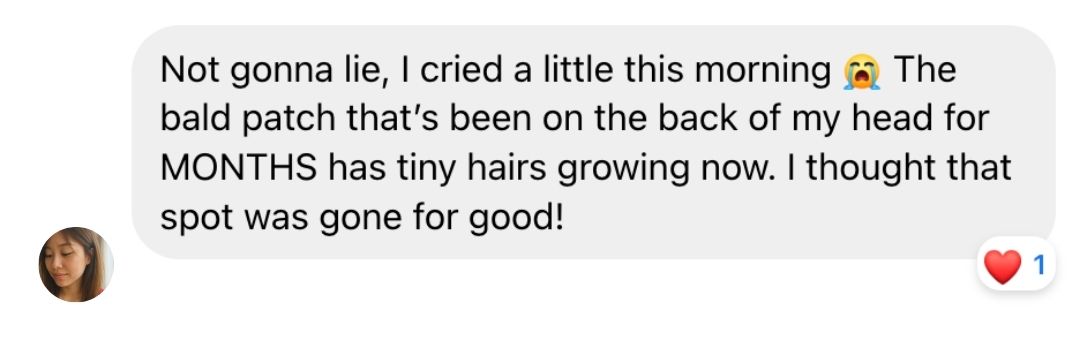 Testimonial message from a client celebrating new hair growth in an alopecia patch after using the 30-Day Pattern Mapping™ Regrowth Plan.